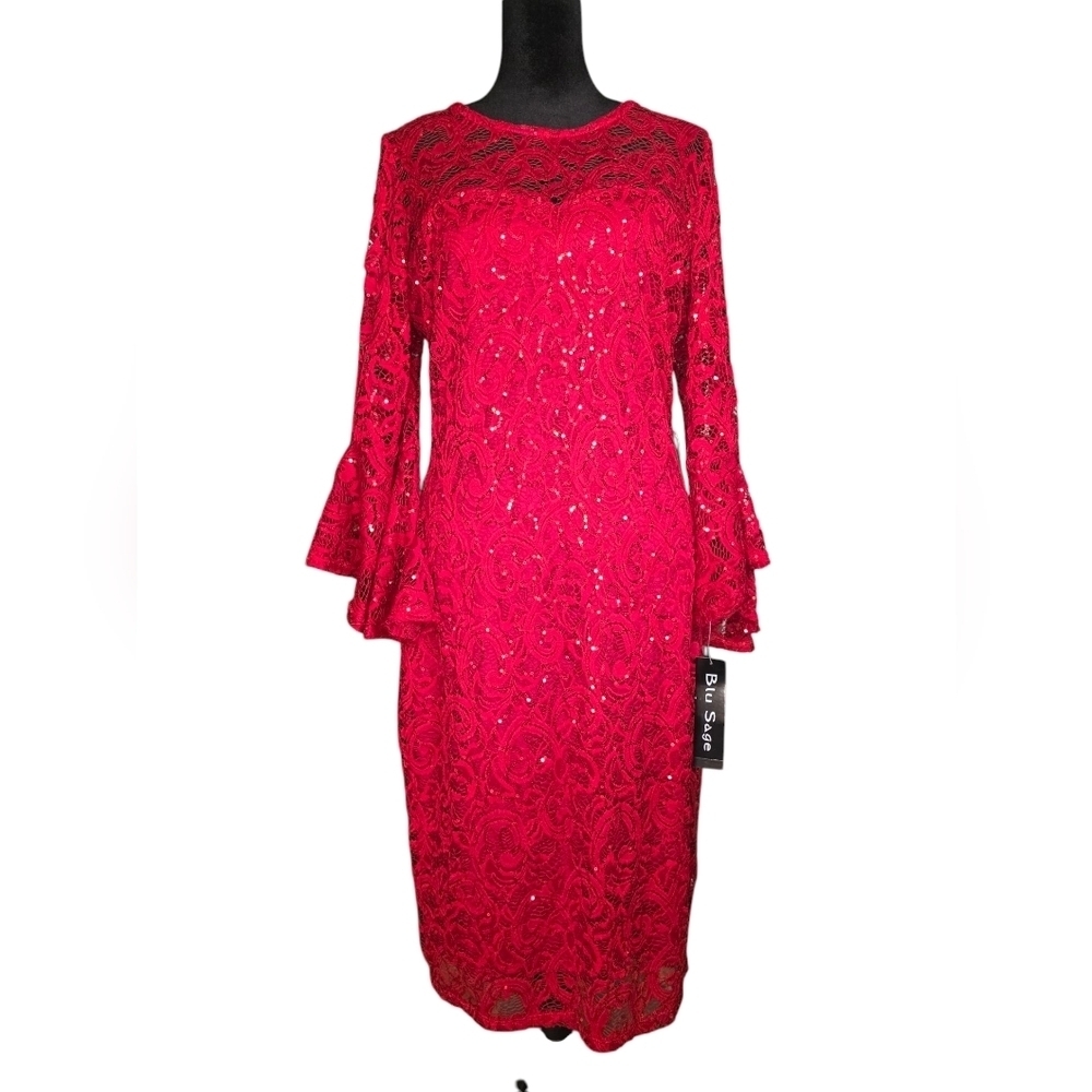 NWT Blu Sage Red Sequin Lace Stretch Bodycon Bell Sleeve Dress, Women Size 8